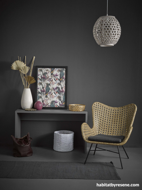 grey reading corner, grey bedroom, dark grey room, dark room, resene bokara grey