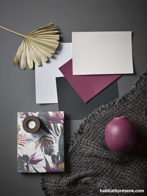 mood board, interior inspiration, grey, grey mood board, grey and purple, resene bokara grey