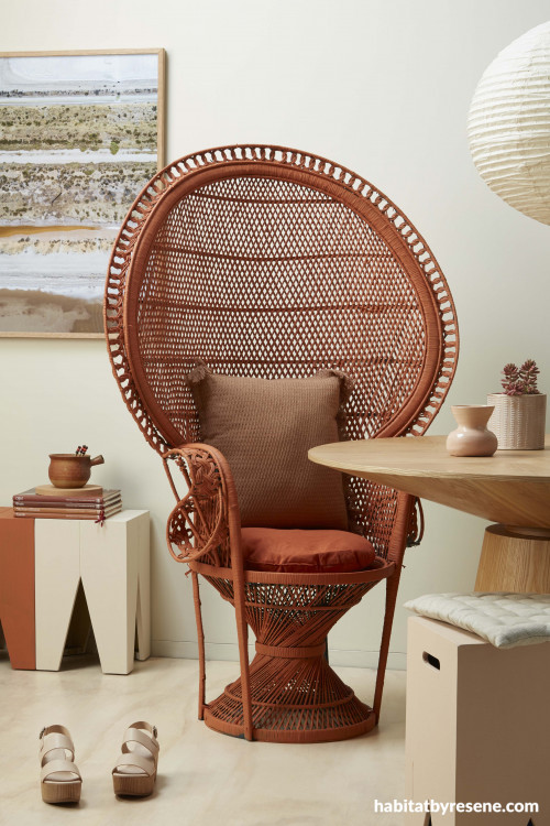 70s inspiration, rattan chair, orange chair, dining, living, resene spanish white, peacock chair