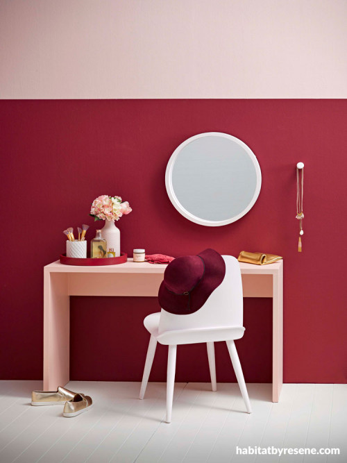 study, red and pink, red feature wall, red study, pink study, makeup table