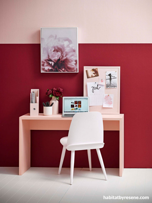 study, red and pink, red feature wall, red study, pink study, teenagers study