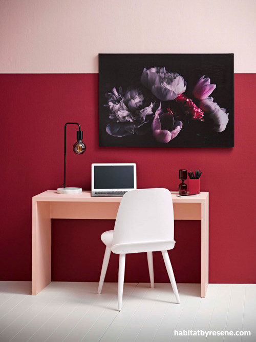 study, red and pink, red feature wall, red study, pink study, adult study